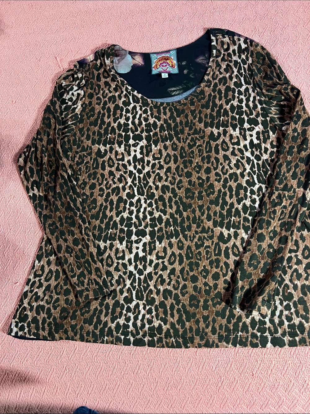Johnny Was Leopard Print Long Sleeve Top. Back is multi colored ROSES